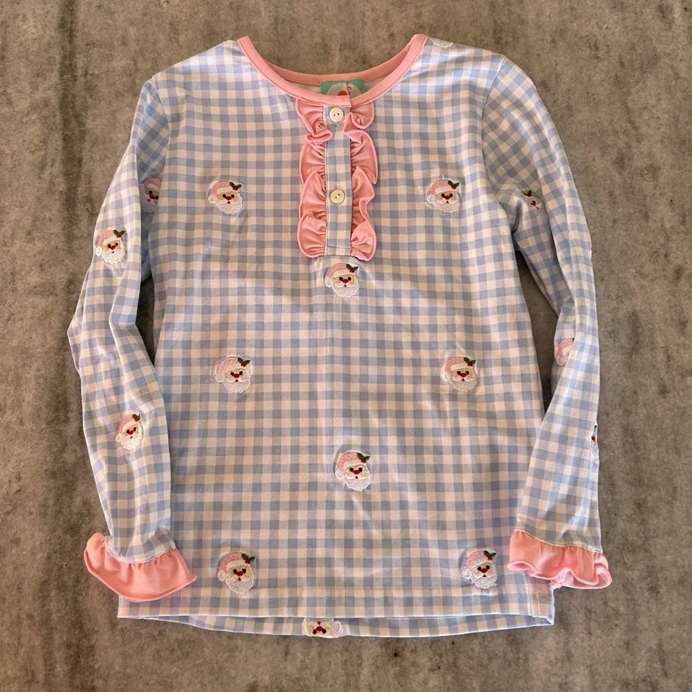 Smocked Flamingo Pink & Blue Gingham Ruffle Santa Pajama Set Size 6